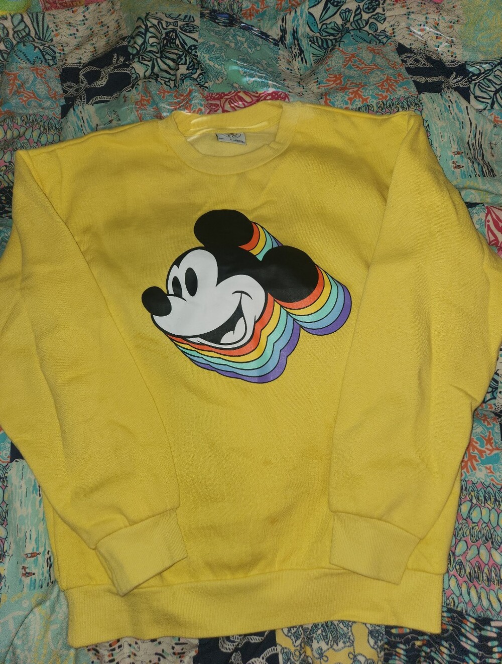 Yellow Retro Inspired Mickey Rainbow Graphic Crewneck Sweater